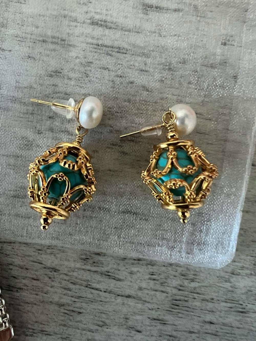 Gold Filigree Turquoise Drop Earrings with Pearl Studs
